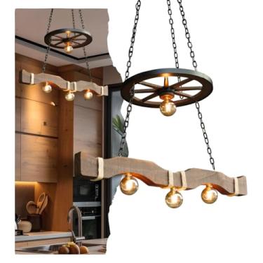 Imagem de Lustre Pendente Rústico para Área Gourmet em Caibro de Madeira com Design de Roda de Carroça, Soquete E27, Ideal para Decoração de Ambientes Internos e Externos com Estilo Vintage e Iluminação (M)