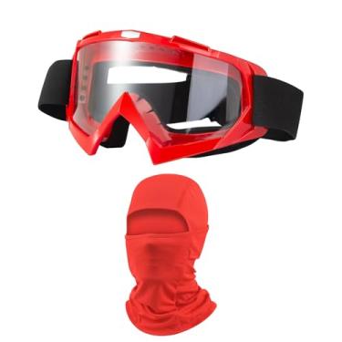 Imagem de LJDJ Óculos de motocross para motocicletas off-road para quadriciclo com proteção solar UV balaclava cobertura facial completa (vermelho/transparente + máscara)