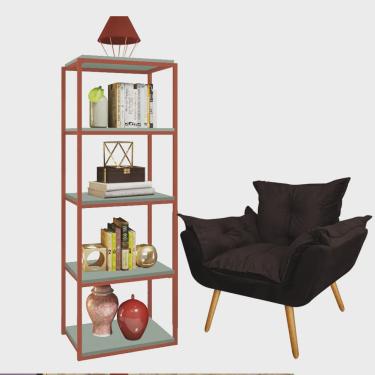 Imagem de Kit Poltrona Fatte com Estante Livreiro Ferro Bronze mdf Verde Oliva Suede Marrom - Ahazzo Móveis