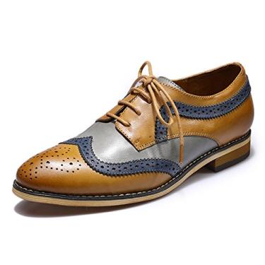 Imagem de Mona flying Sapato Derby feminino casual com ponta de asa Oxfords Brogue feito à mão em couro, Marrom-cinza, 38
