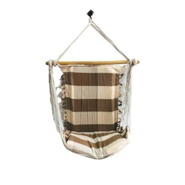 Imagem de Cadeira de Balanço Suspensa com Listras, Marrom e Bege, Estilo Rede com Suporte de Madeira