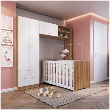 Imagem de Conjunto Para Quarto De Bebê Com Guarda Roupas e Berço Com Colchão Nogal Manchester/Branco
