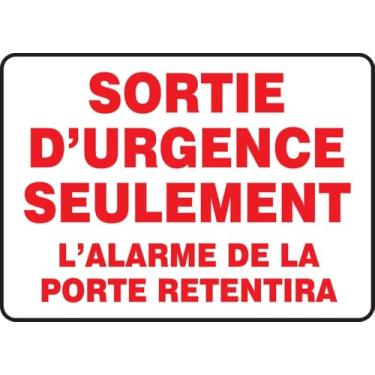Imagem de Apenas saída de emergência francesa - alarme de porta com sinal de som, etiqueta adesiva de vinil 25,4 cm x 35,5 cm, feita nos EUA - AccuformNMC, FRMEXT932VS