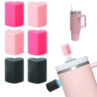 Imagem de HIUSITY Pacote com 6 tampas magnéticas de canudo de coração para Stanley Cup, tampas de canudo pretas de silicone para copos de 10 mm, tampas reutilizáveis para acessórios de copo Stanley