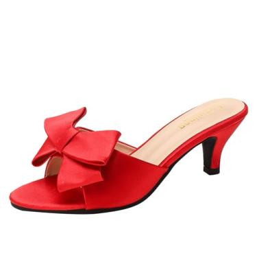 Imagem de EGGDK Sandália feminina de cetim com salto gatinho, laço sexy, bico aberto, salto baixo, mules, verão, sem cadarço, costas nuas, festa, casamento, formatura, Vermelho, 36