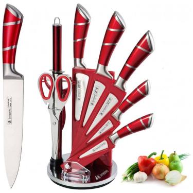 Imagem de Conjunto de Facas em Aço Inoxidável com Suporte em Acrílico, 9 Peças, Vermelho