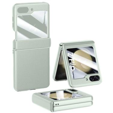 Imagem de Para samsung galaxy z flip5 dobradiça caso de telefone para samsung z flip 5 flip5 zflip5 5g filme de vidro temperado capa de couro, verde, para samsung z flip 5