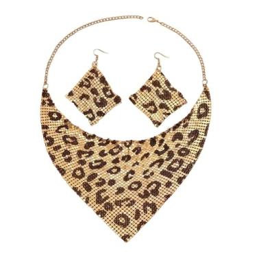 Imagem de Conjunto de colar de leopardo para mulheres, bandana com estampa de chita chique e brincos pendurados, Free Size, Metal, Sem Pedra Preciosa