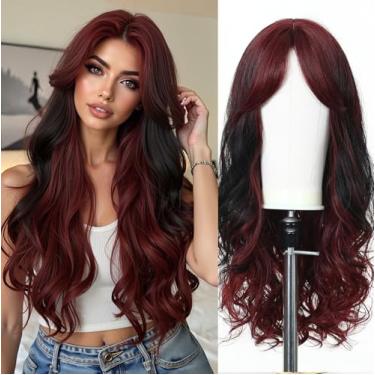 Imagem de Esmee Perucas Longas Onduladas da Borgonha com Fios Pretos para Mulheres com Franja Peruca Sintética Natural para Uso Diário e Festa