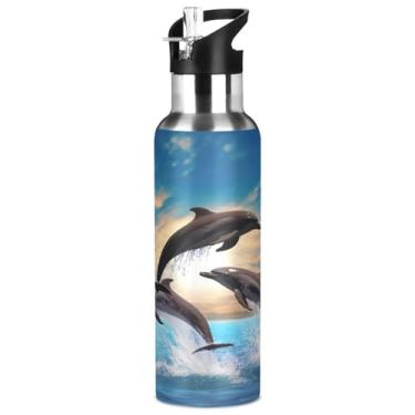 Imagem de Burbuja Garrafa de água de aço inoxidável Dolphin in The Ocean, garrafas de água isoladas a vácuo com tampa de canudo para esportes, academia, escola - à prova de vazamento e suor, livre de BPA, 946