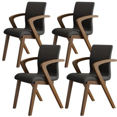 Imagem de Conjunto de 4 cadeiras de jantar modernas de couro sintético de meados do século com encosto curvo e pernas de madeira preta - Cadeiras de braço confortáveis para cozinha e sala de estar