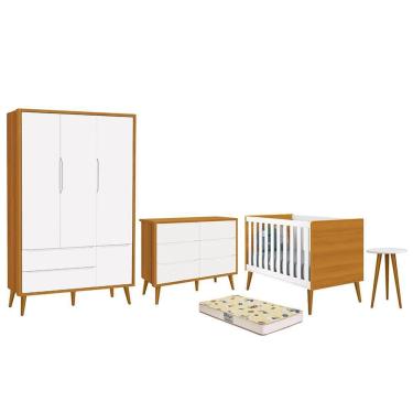 Imagem de Dormitório Infantil Theo 3 Portas, Cômoda 6 Gavetas, Berço, Mesa de Canto com Pés Amadeirado e Colchão - Reller Móveis