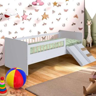 Imagem de Cama Infantil Com Colchão E Grade De Proteção 135cm x 193cm Branco Dmitri Shop Jm