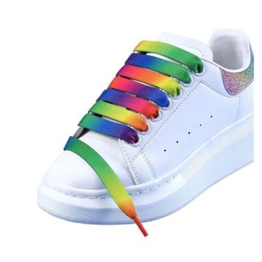 Imagem de Cadarços Planos De Cor Arco-íris Para Tênis Casual Treinador Homens Mulheres Acessórios De Sapato Laços Fita(Color:Dark rainbow 1pair,Size:100cm)