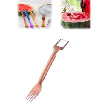 Imagem de Faca de frutas de aço inoxidável 2 em 1, novo fatiador de frutas 2024, ferramenta de fatiador de melancia, garfo de melancia portátil para escritório, cozinha, restaurante, bar, ao ar livre /1570