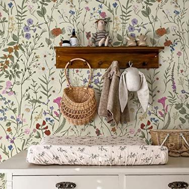 Imagem de JiffDiff Papel de parede floral descasque e cole - Papel de parede floral de fazenda 599 cm x 43,9 cm Papel de parede autoadesivo de margarida silvestre no papel de parede papel de contato removível