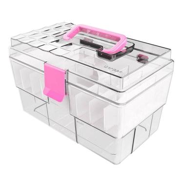 Imagem de Maleta Organizadora Crippa Multiuso Maquiagem Acessórios Remédios Transparente e Rosa