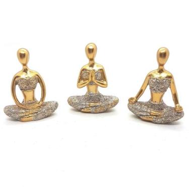 Imagem de Trio De Ioga Estátua Rezando Meditando Luxo Dourado Brilho - Flash