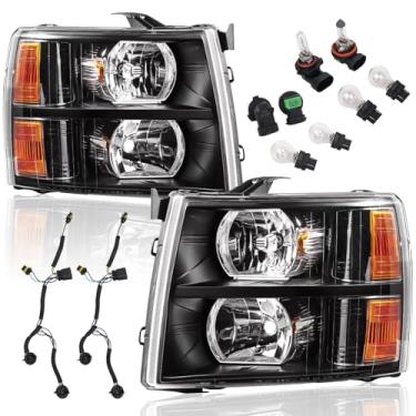 Imagem de Reinko Conjunto de montagem de farol compatível com Chevy Silverado 07-13 1500 2500 3500 Conjunto de farol com chicote de fiação e lâmpadas, refletor âmbar preto