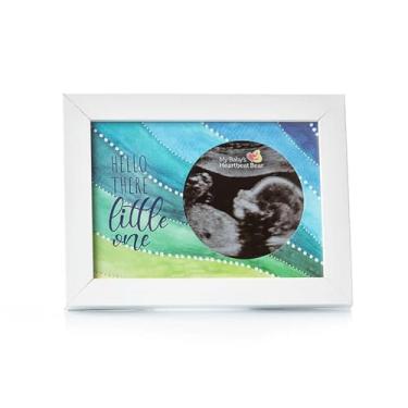 Imagem de MBHB Molduras de ultrassom de madeira, moldura branca de madeira real 12,5 x 17,8 cm com recorte circular de 9 cm, linda exibição para a primeira digitalização do bebê, presente ideal, adequado para