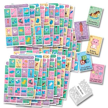 Imagem de MoreFiesta Baby Shower Loteria Bingo – Bilingue inglês espanhol, para até 40 jogadores, multicolorido