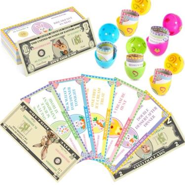 Imagem de JULEASEL 100 Pcs Easter Egg Fillers-Bunny Money Coupons, Paper Easter Egg Tokens Basket Stuffers, 60 Redeemable Coupons+30 Blank DIY Coupons+10 Bunny Dollars, for Easter Activities