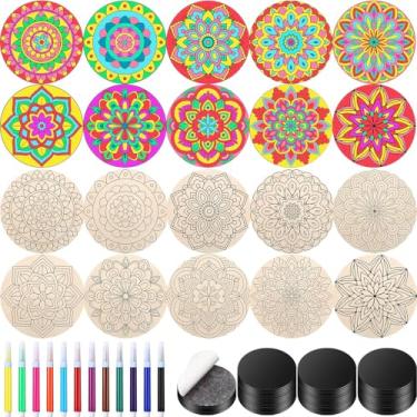 Imagem de Cinnvoice 104 peças de ímãs de mandala de madeira DIY mandala ímã de geladeira kits de pintura artesanal incluídos 40 recortes de madeira inacabados 24 canetas coloridas 40 ímãs autoadesivos para