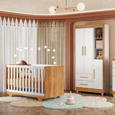 Imagem de Quarto De Bebê Guarda Roupa 3 Portas E Berço Mini Cama 100% Mdf Com Colchão Nina  Amadeirado/branco