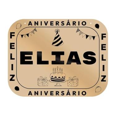 Imagem de Placa Feliz Aniversário Elias em MDF, 19x14 cm, com 2 Furos para Pendurar