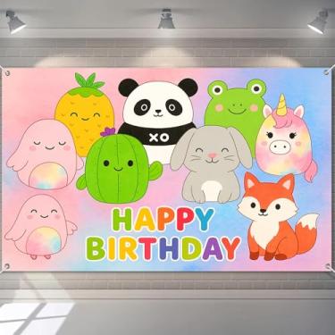 Imagem de BlissYard Banner de feliz aniversário com tema kawaii de animais com tema kawaii para meninos e meninas pano de fundo para fotografia celebração panda sapo unicórnio coelho raposa abacaxi cacto 179 x