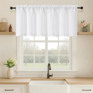 Imagem de OVZME Sanefa branca para janelas, cortina curta para janela com filtro de luz, textura grossa, pequena cortina curta para casa de banho, 1 peça, 152 cm L x 50 cm C