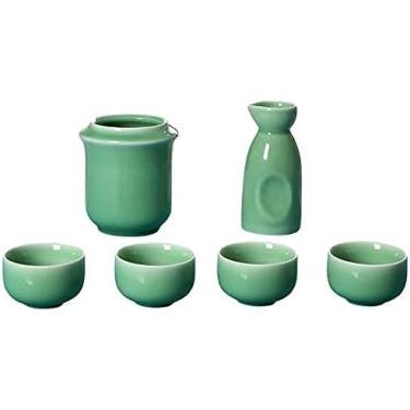 Imagem de JOEUQK Conjunto de panelas e conjuntos de saquê japonês de 6 peças conjunto de saquê com aquecedor de saquê japonês conjunto de saquê de cerâmica, material cerâmico, 4 copos de saquê, 1 pote de saquê