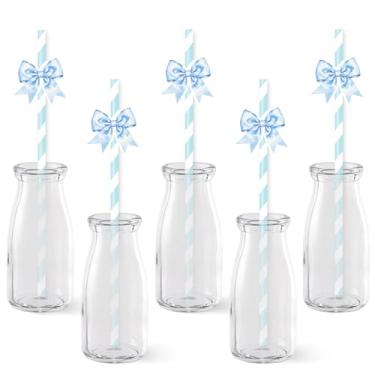 Imagem de Serencatcher 50 canudos de papel com laço azul, lembrancinhas de festa de aniversário descartáveis para beber canudos de papel listrados decorativos para aniversário, chá de bebê, chá de panela