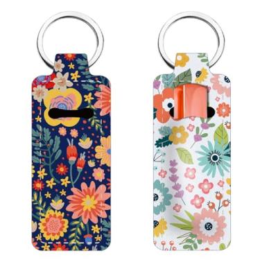 Imagem de FREEBLOSS 2 peças, porta-batom, porta-batom, porta-chaves, flores, protetor labial portátil, para mulheres, presente 1,5 x 3,8/3,8 x 9,6 cm