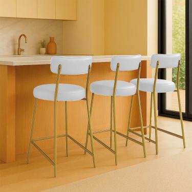 Imagem de Banqueta Cozinha Média Com Encosto Industrial Dourado Kit 3 Londres Pu Branco D03 - D'rossi