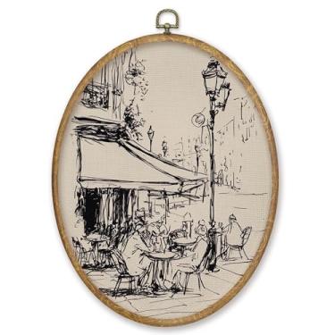 Imagem de CGBHW Parisian Cafe Sketch Oval Wall Art Decor, Cityscape Line Drawing Canvas Prints Framed, French Bistrô Wall Art Hanging Decor para decoração de casa, galeria, quarto, sala de estar, 20 x 29 cm