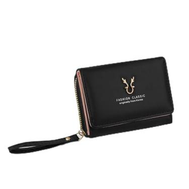 Imagem de Carteira feminina de poliuretano Deer Antler, porta-cartões com zíper triplo com 6 compartimentos para cartão e 2 compartimentos, bolsa compacta pequena e fofa para uso diário, compras, Preto