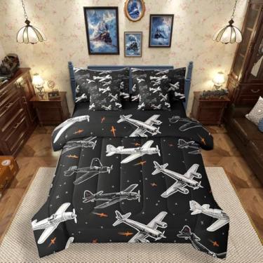 Imagem de Erosebridal Jogo de cama solteiro com desenho animado de avião, preto e branco com lençóis, 7 peças, tema aviação, decoração de quarto de crianças e homens