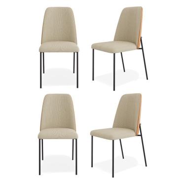 Imagem de Kit 04 Cadeiras Sala De Jantar Lior Estofada Base Preta Linho Bege Couríssimo Whisky - Abmaza