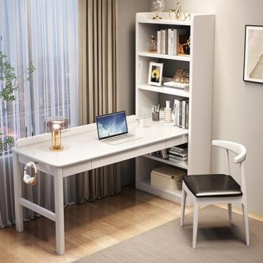 Imagem de Yadlan Mesa de estudo para crianças de 8 a 12 anos com armazenamento, cadeiras de mesa infantis com gaveta, mesa infantil de madeira com estante de 6 camadas, orifício para caneta e ganchos de mochila