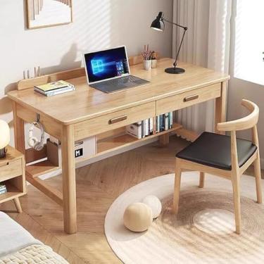 Imagem de Yadlan Mesa infantil com gavetas de prateleiras de livros em bordo, mesa de estudo com gavetas em ambos os lados, mesa de estudo infantil com compartimento para caneta e prateleira inferior para