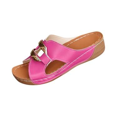 Imagem de Sandálias femininas casuais com fivela vazada salto plataforma sola grossa leve praia conforto primavera verão desgaste, Rosa choque, 39