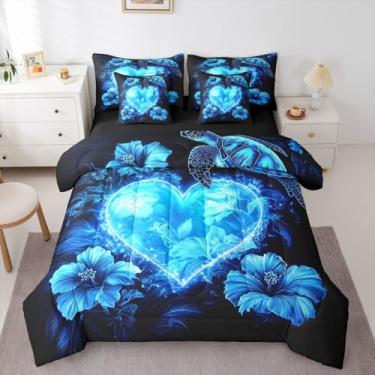 Imagem de Erosebridal Conjunto de edredom floral azul fofo com estampa de coração em uma bolsa, tamanho Queen, 7 peças, decoração de quarto romântico de dia dos namorados com lençóis