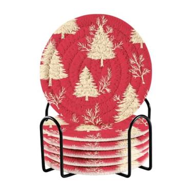 Imagem de Blueangle 6 peças de porta-copos de árvore de Natal para bebidas, porta-copos de tecido redondo super absorvente para mesa de café, proteção de mesa para decoração de casa (207)