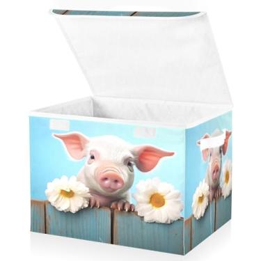 Imagem de Blueangle Cestos de armazenamento Pretty Little Pig com tampas, 42 x 32 x 30 cm, grande cesta organizadora dobrável para decoração de escritório e armário (175)
