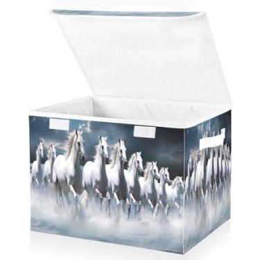 Imagem de Blueangle Cestos de armazenamento White Horses com tampas, 42 x 32 x 30 cm, grande cesta organizadora dobrável para decoração de casa e escritório (96)