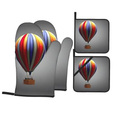 Imagem de Luvas de cozinha resistentes ao calor e suporte de panela com estampa de balão de ar quente, luvas de forno confortáveis para cozinhar