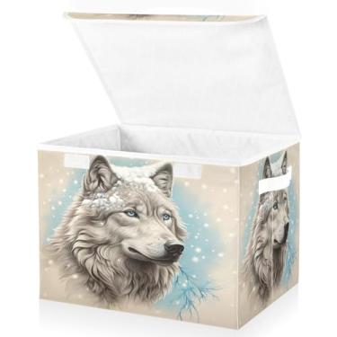 Imagem de Blueangle Cestos de armazenamento de lobo branco com tampas, 42 x 32 x 30 cm, grande cesta organizadora dobrável para decoração de casa e escritório (415)