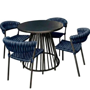 Imagem de 4 Cadeiras Laguna Alumínio Tricô Náutico Mesa Tampo Ripado Azul Marinho