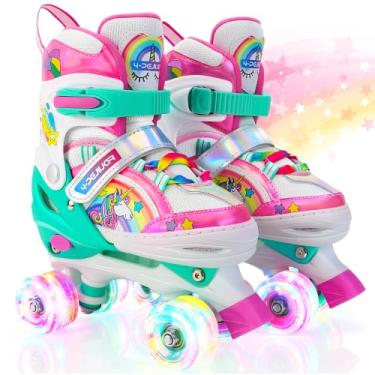 Imagem de Patins infantis de unicórnio arco-íris para meninas meninos crianças de 3 a 6 anos, sapatos ajustáveis 4-Pejiijar com rodas luminosas para presentes de aniversário de Natal (verde, pequeno (10-13J))